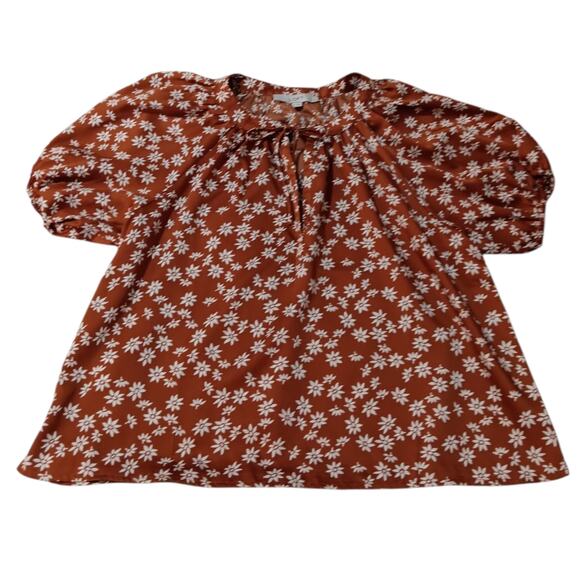 LOFT Blouse Top M Petite Flowy Boho Peasant Cottage Floral Short Sleeve Tie Neck - Picture 1 of 9